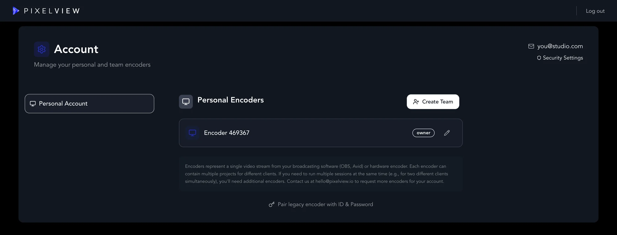 The Account page with Personal Account, Personal Encoders and the Create Team button