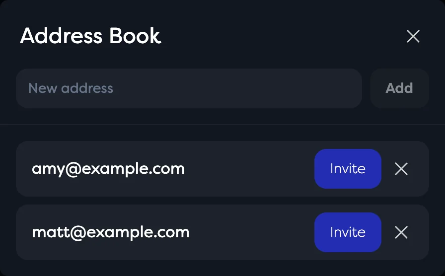 The Address Book dialog with two saved addresses and Invite buttons