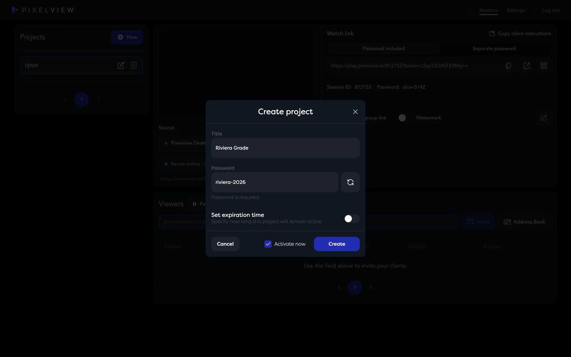 The Create project dialog in Pixelview Admin with title Riviera Grade, a password, Set expiration time and Activate now