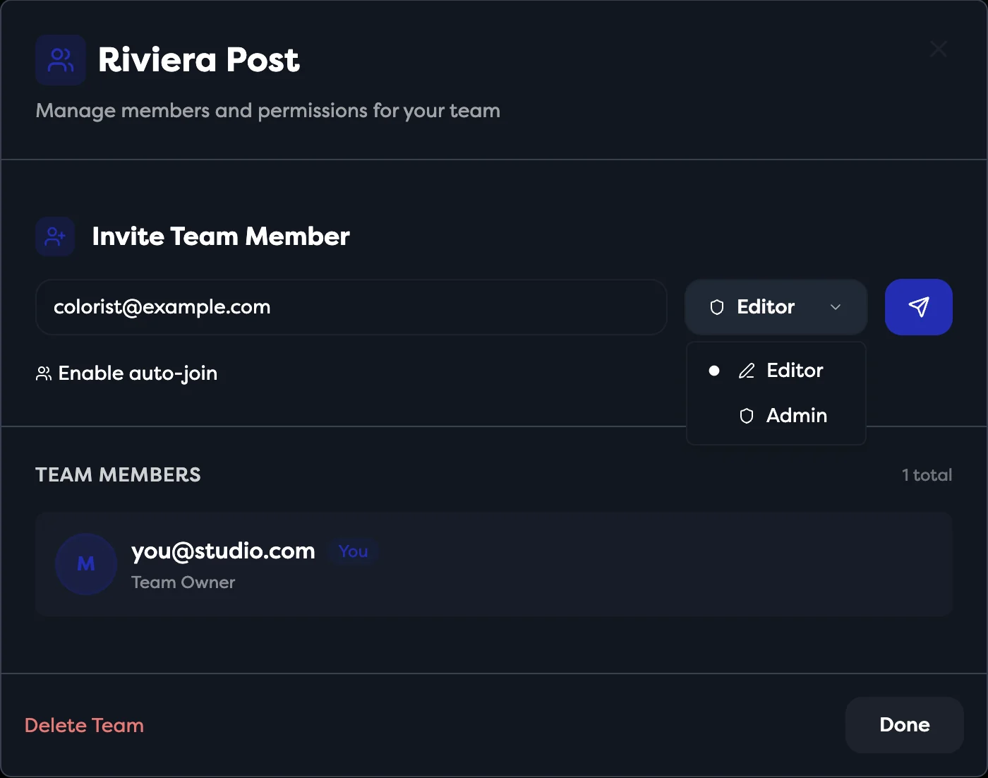 The role picker open with Editor and Admin
