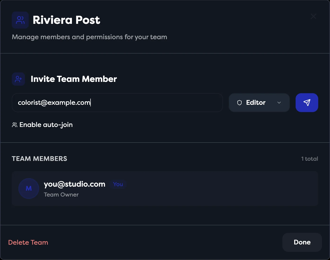 The Manage Team dialog with Invite Team Member, the role picker and Team Members