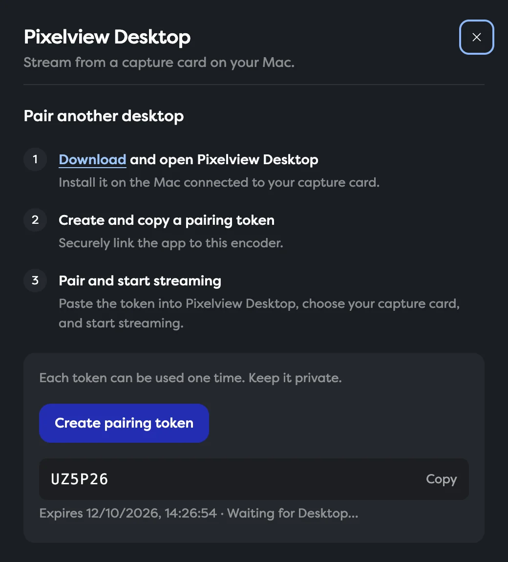 A pairing token in Admin with a Copy button, its expiry time and Waiting for Desktop status