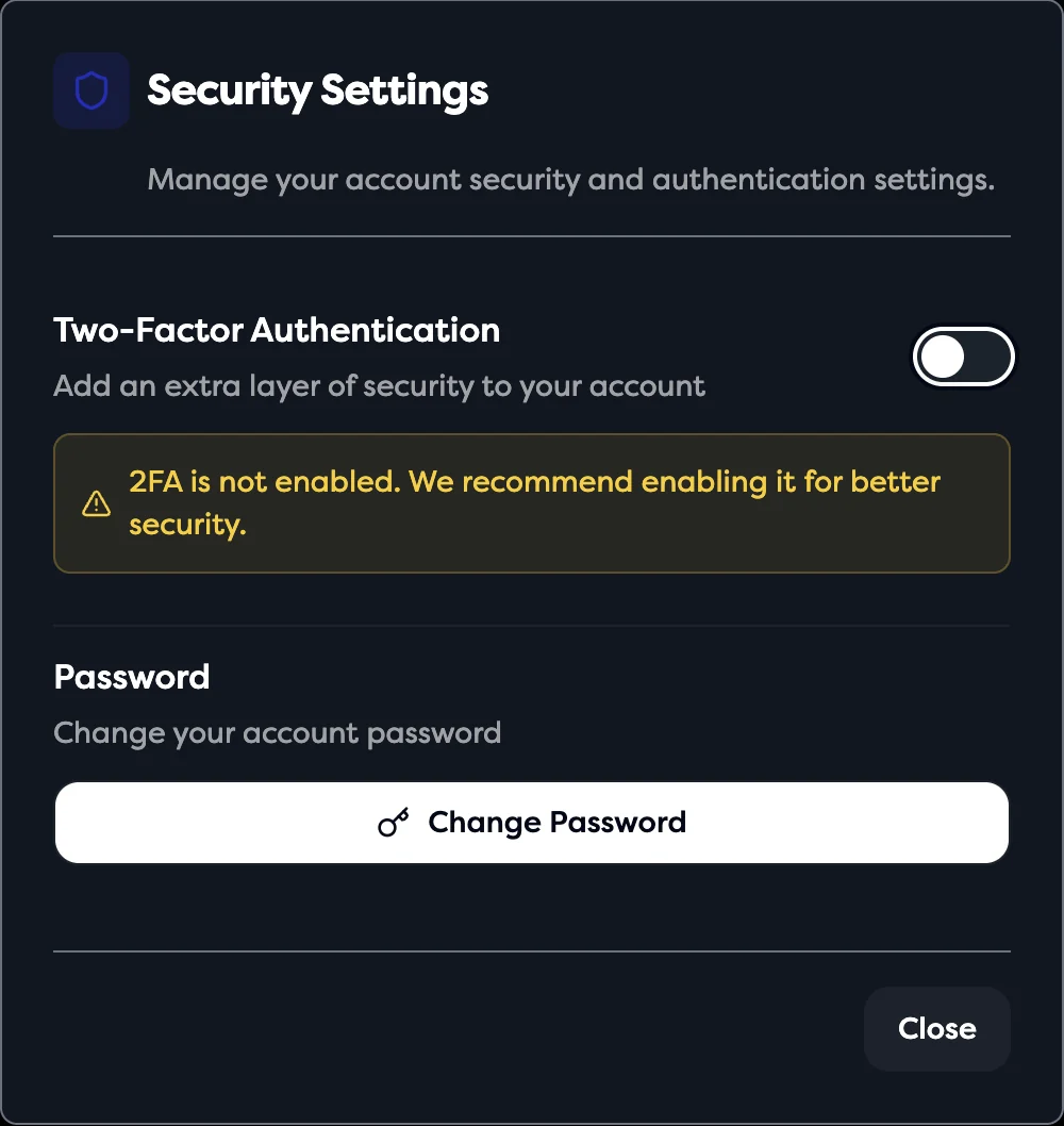Security Settings with the Two-Factor Authentication switch and Change Password