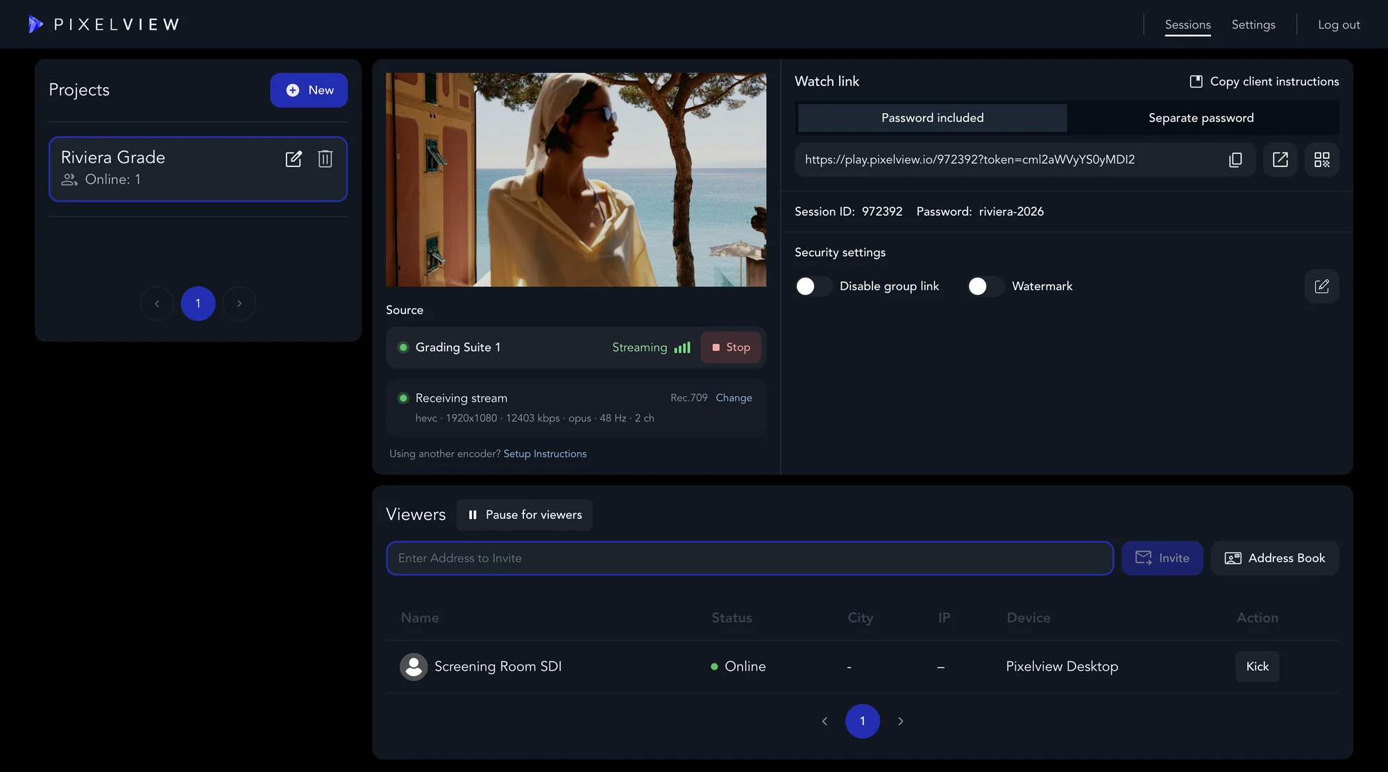 Admin Sessions page with Screening Room SDI listed as an online viewer on Pixelview Desktop