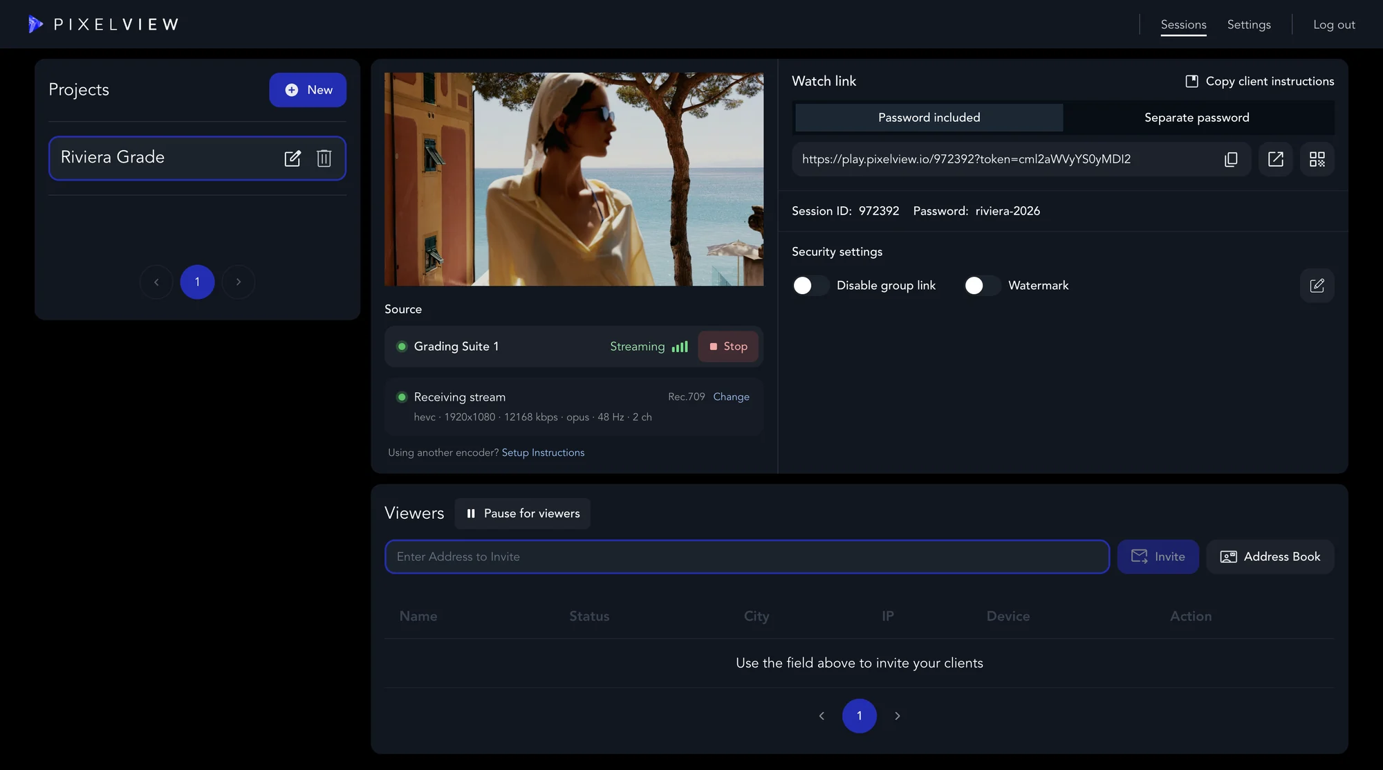 The Sessions page in Admin with the live thumbnail and Grading Suite 1 streaming