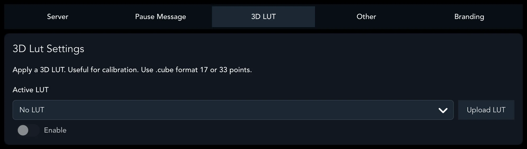 Settings, 3D LUT tab, with Active LUT, Upload LUT and Enable