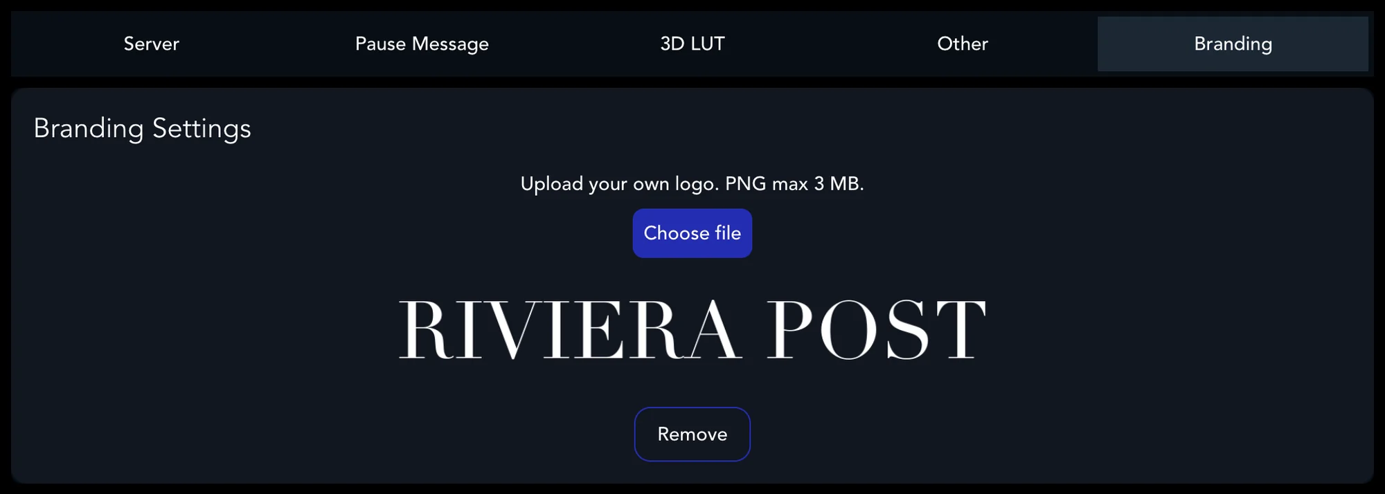 Settings, Branding tab, with an uploaded logo and the Choose file and Remove buttons