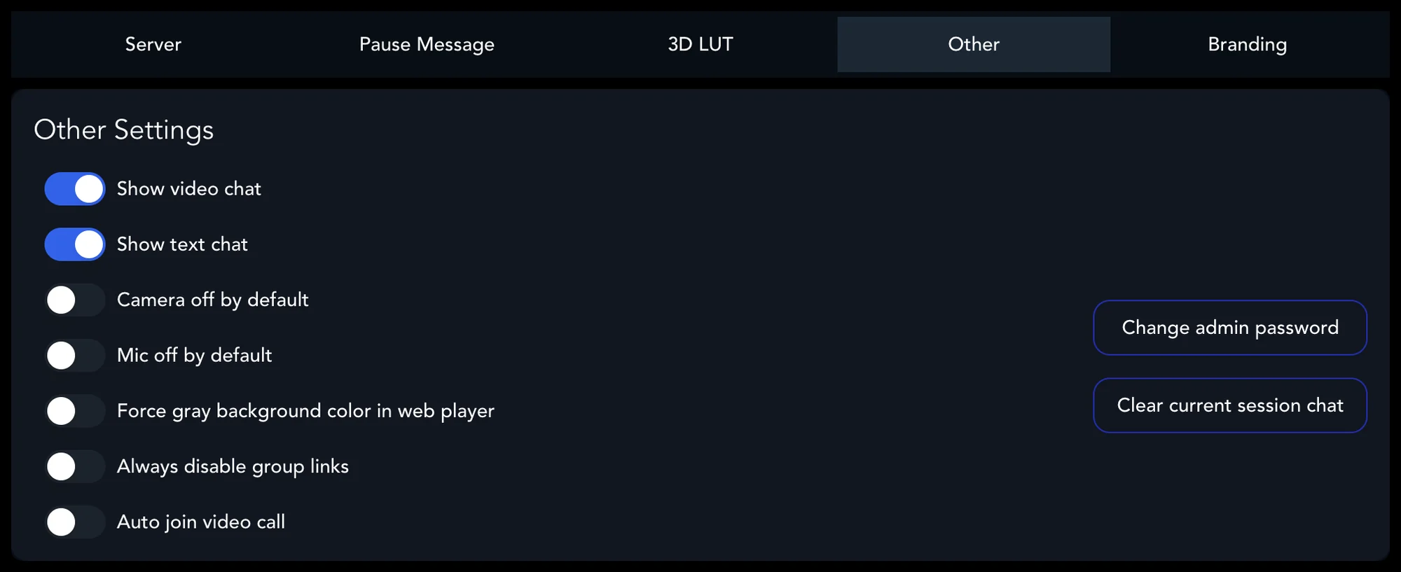 Settings, Other tab, with toggles for video chat, text chat, camera and mic defaults, gray background, group links and auto join, and buttons to change the admin password and clear the session chat