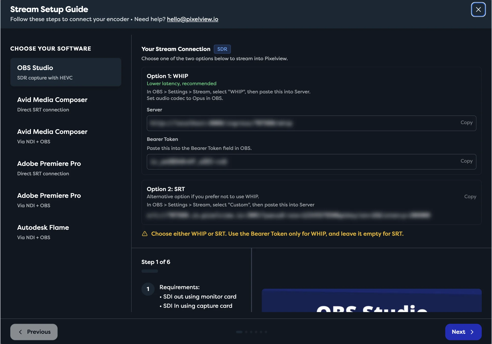 The Stream Setup Guide in Admin with OBS Studio selected, showing Option 1: WHIP with the Server and Bearer Token fields and Copy buttons