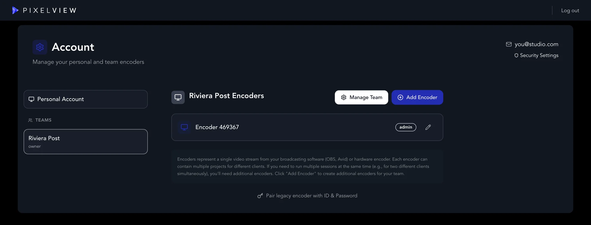 A team called Riviera Post with its encoders and the Manage Team and Add Encoder buttons