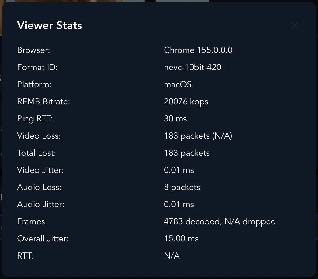 Viewer Stats for one viewer: browser, format, bitrate, round trip, packet loss, jitter and frames