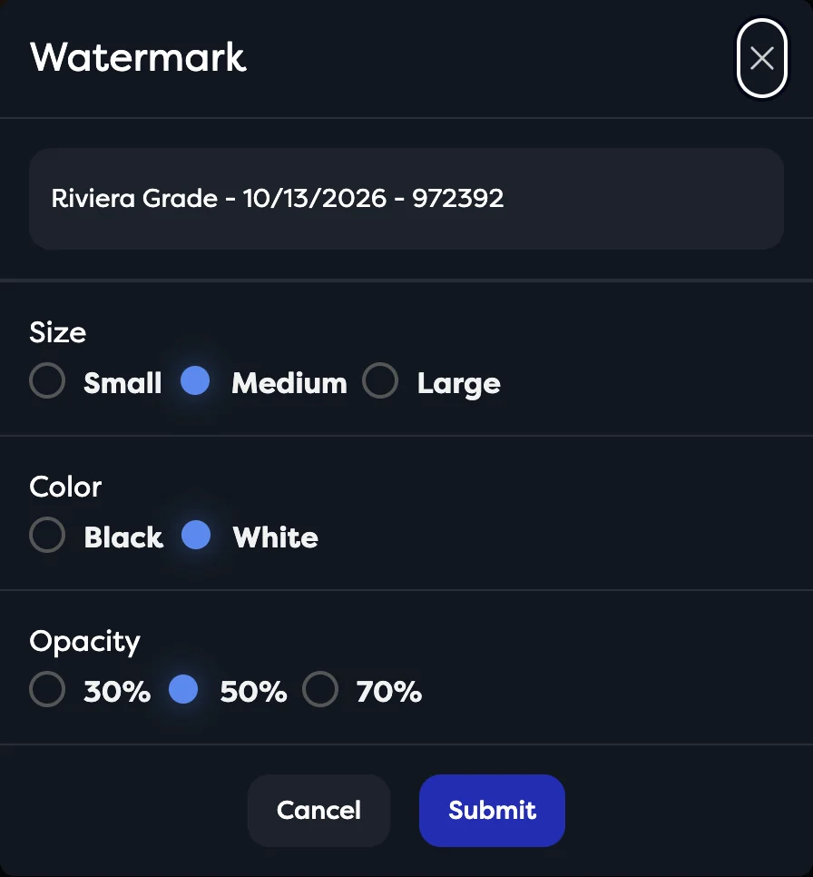 The Watermark dialog with text, Size, Color and Opacity