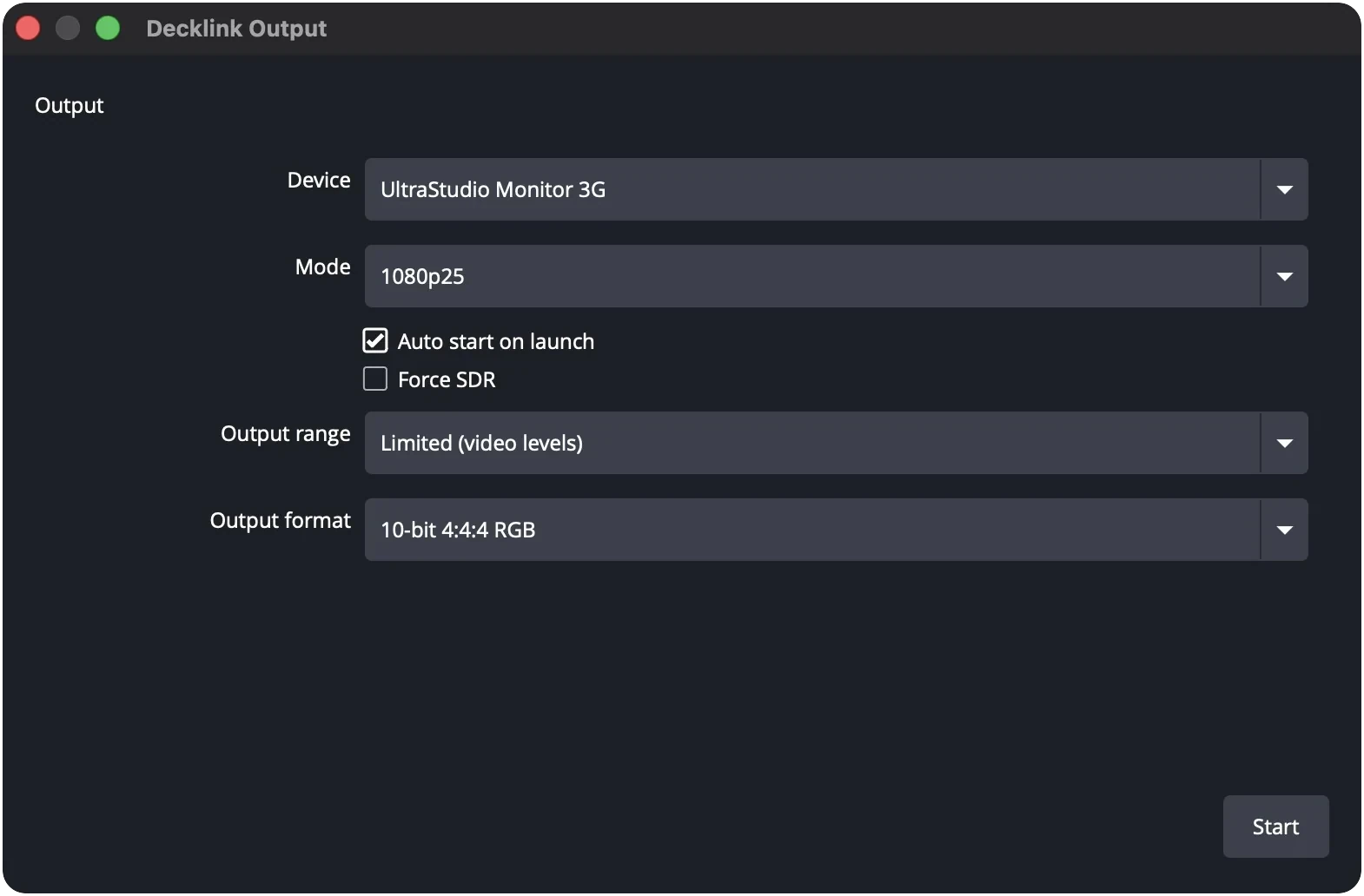 DeckLink Output settings with UltraStudio Monitor 3G, 1080p25, Auto start on launch, Limited range and 10-bit 4:4:4 RGB