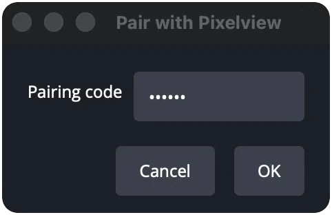 The Pair with Pixelview dialog in Pixelview Desktop with the pairing code filled in