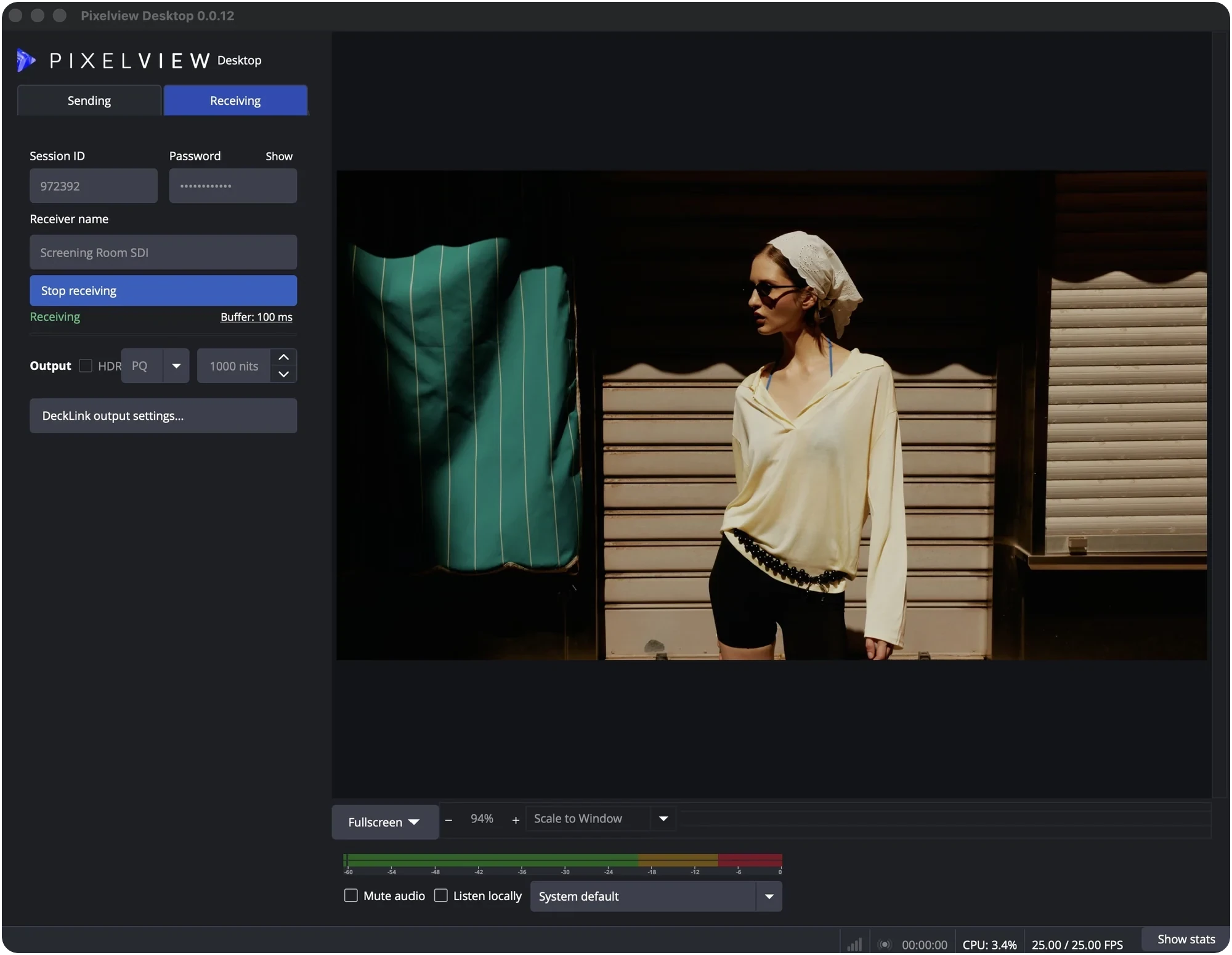 Pixelview Desktop in Receiving mode, playing a session out over SDI