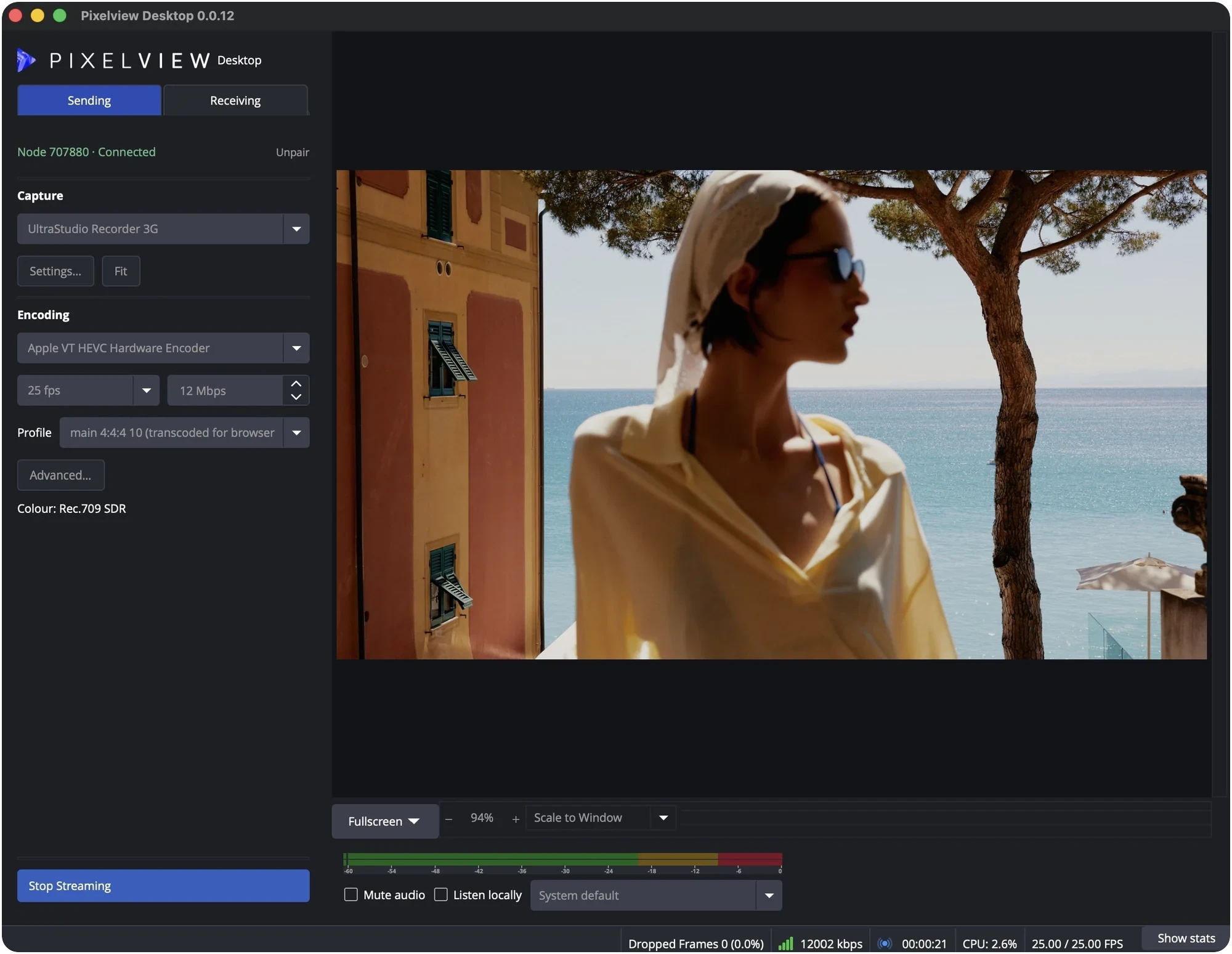 Pixelview Desktop in Sending mode, paired with an encoder and streaming from an UltraStudio Recorder 3G