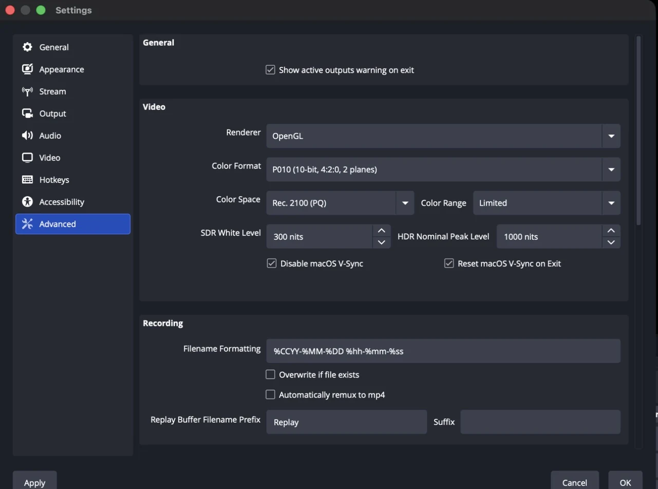 OBS Settings, Advanced: Color Format P010 (10-bit, 4:2:0, 2 planes), Color Space Rec. 2100 (PQ), Color Range Limited, HDR Nominal Peak Level 1000 nits