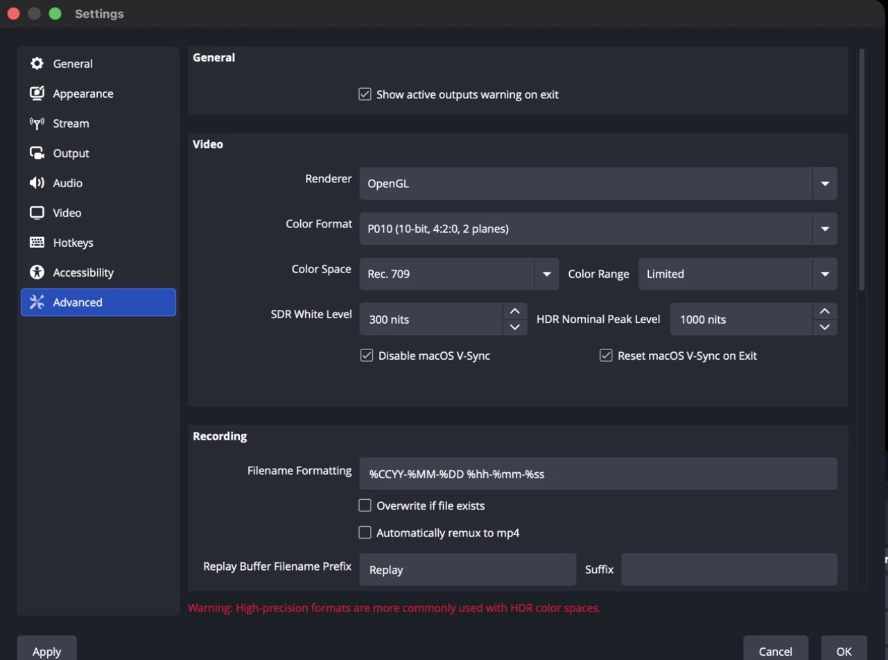 OBS Settings, Advanced: Color Format P010 (10-bit, 4:2:0, 2 planes), Color Space Rec. 709, Color Range Limited