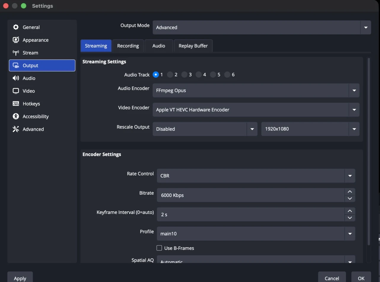 OBS Settings, Output in Advanced mode: FFmpeg Opus, Apple VT HEVC Hardware Encoder, CBR 6000 Kbps, keyframe 2 s, profile main10, B-frames off
