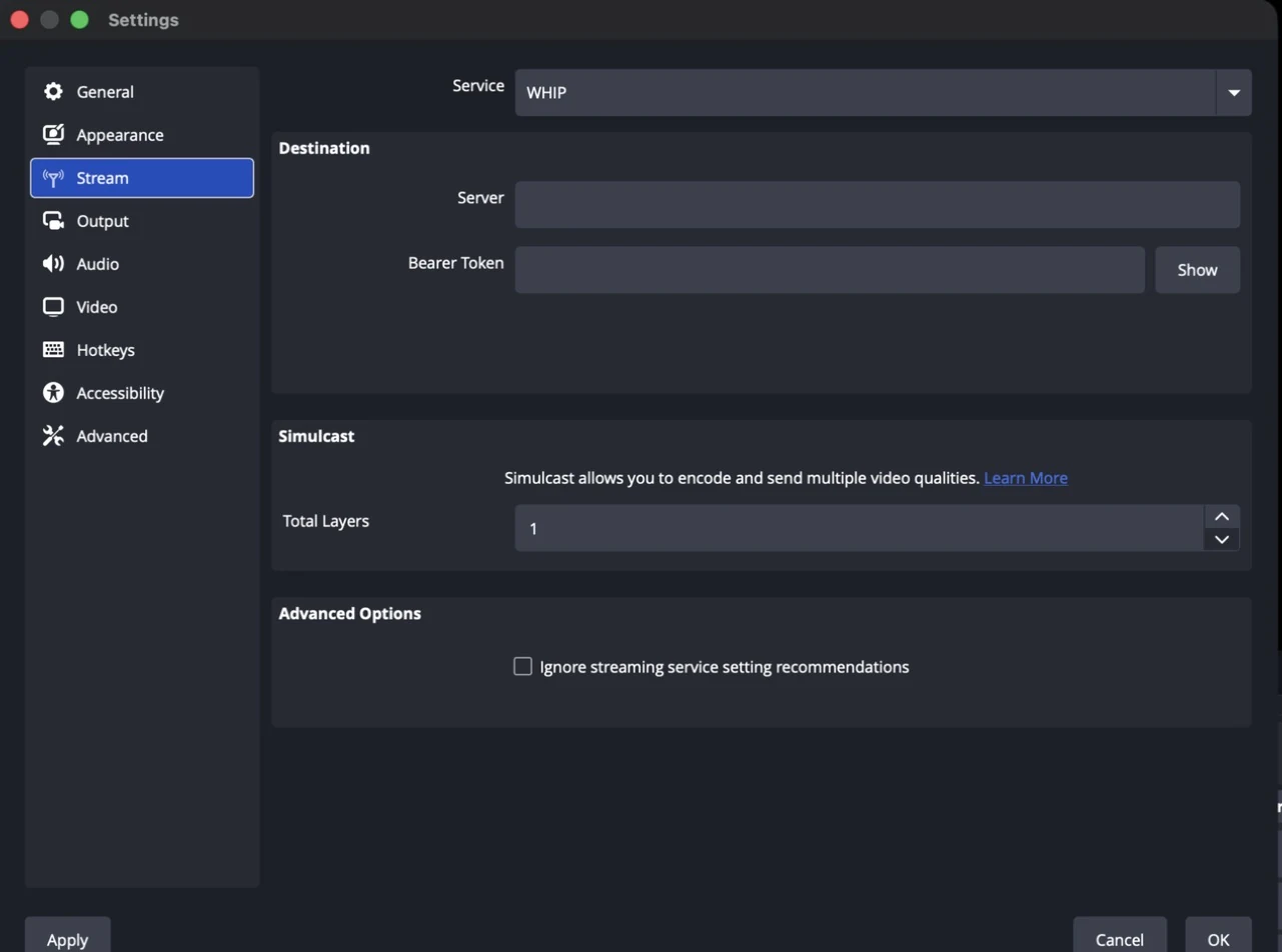 OBS Settings, Stream, with Service set to WHIP and the Server and Bearer Token fields