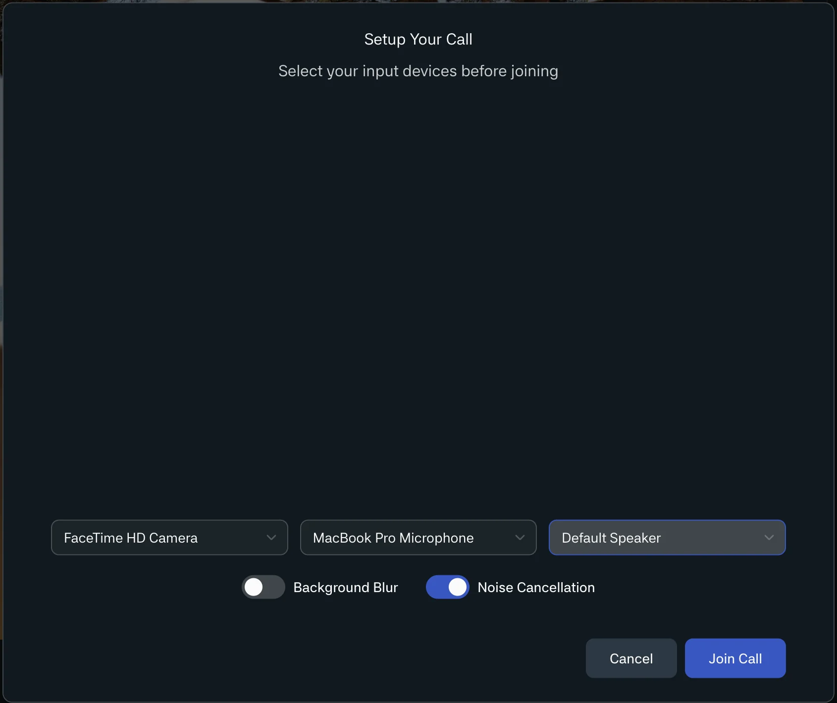 The Setup Your Call dialog with camera preview and camera, microphone and speaker selection