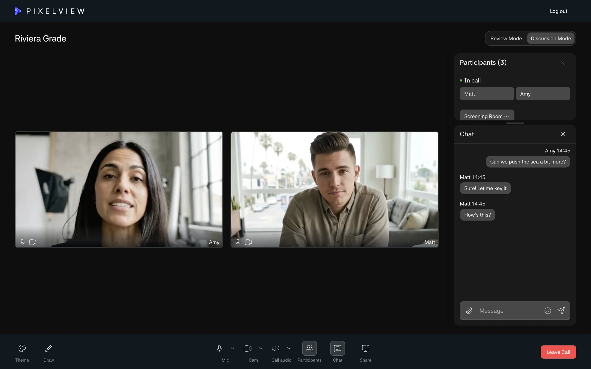 The player in Discussion Mode with large video tiles for each participant