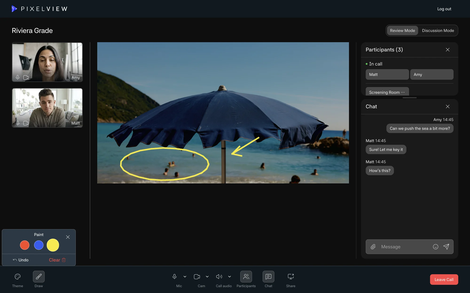 A yellow circle and arrow drawn over the live picture, with the Paint palette open