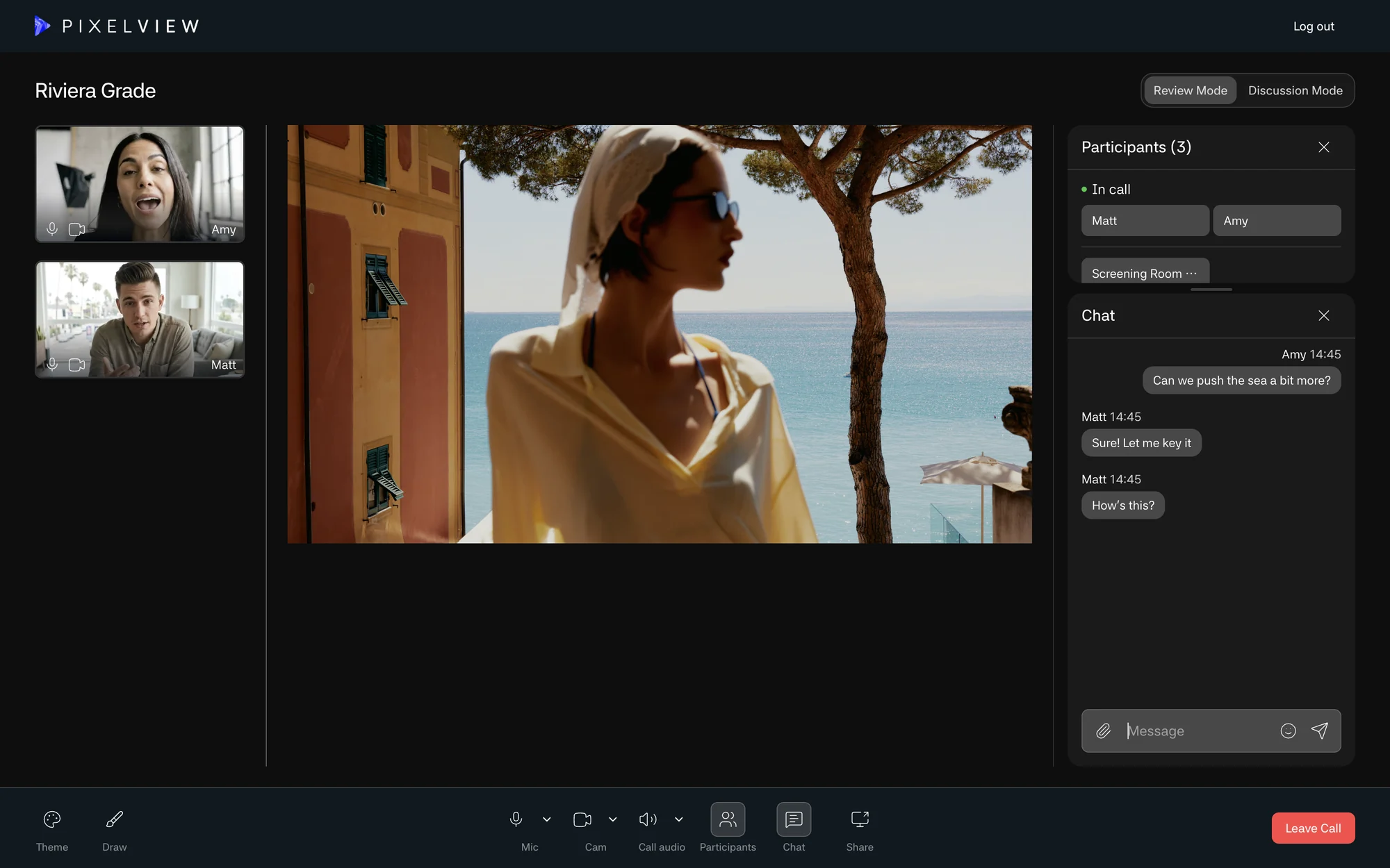 The Pixelview player in Review Mode with the live picture, two video chat participants, the participant list and a text chat