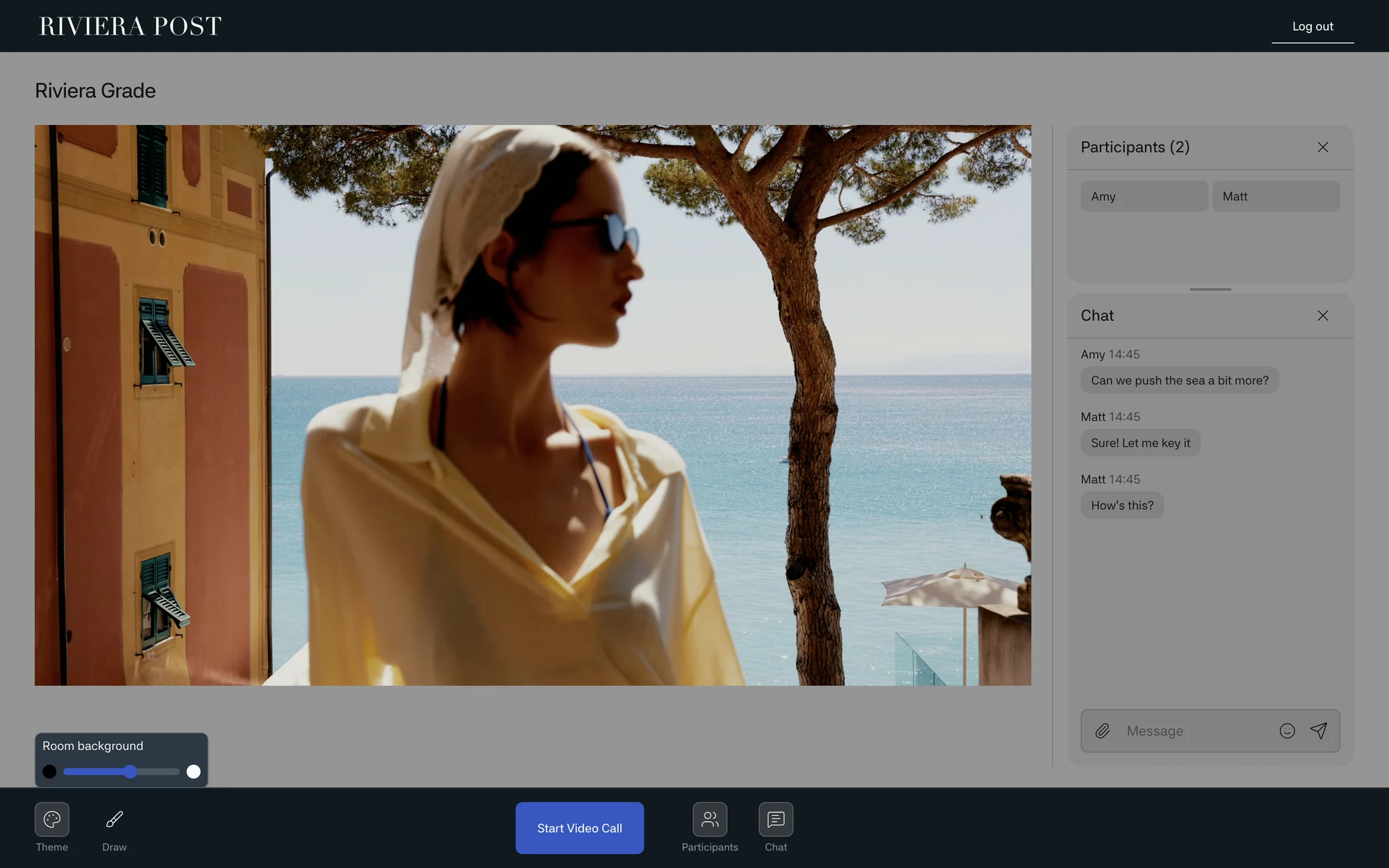 The web player with a gray room background and the Room background slider open